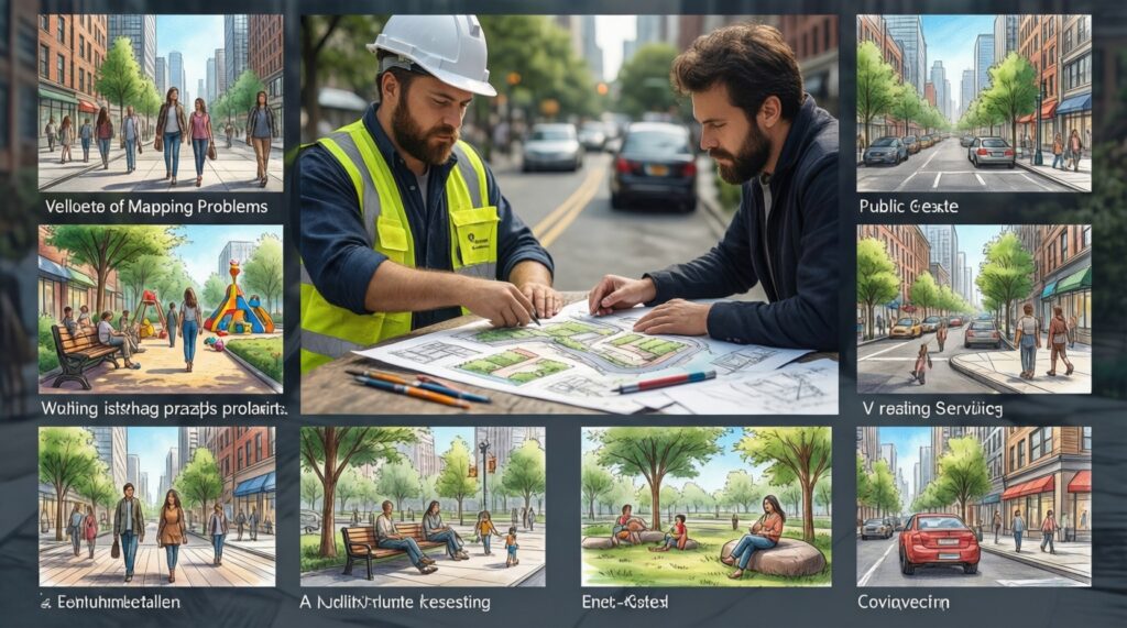 Городская среда: благоустройство дворов, парков, остановок и общественных пространств - иллюстрация